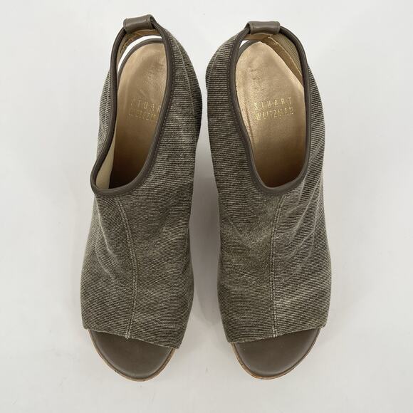 Stuart Weitzman Glove Tan Stretch Wedge Slingback Sandal Size 8M Cork Peep Toe - Picture 6 of 12